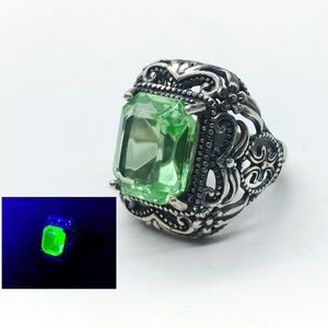 Sterling Uranium Glass Emerald Cut Ring Size 5.5